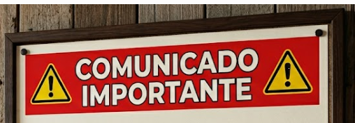 Cartel rojo que dice “COMUNICADO IMPORTANTE” con triángulos de advertencia amarillos y exclamaciones.
